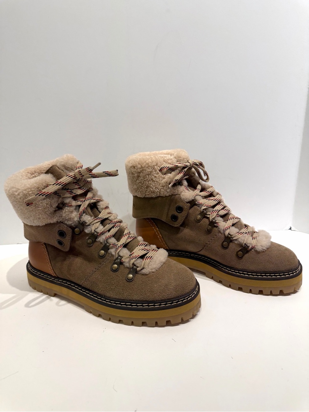 See by Chloé Shearling Trim Suede Hiking Boots Taupe Brown EU 37 US 7